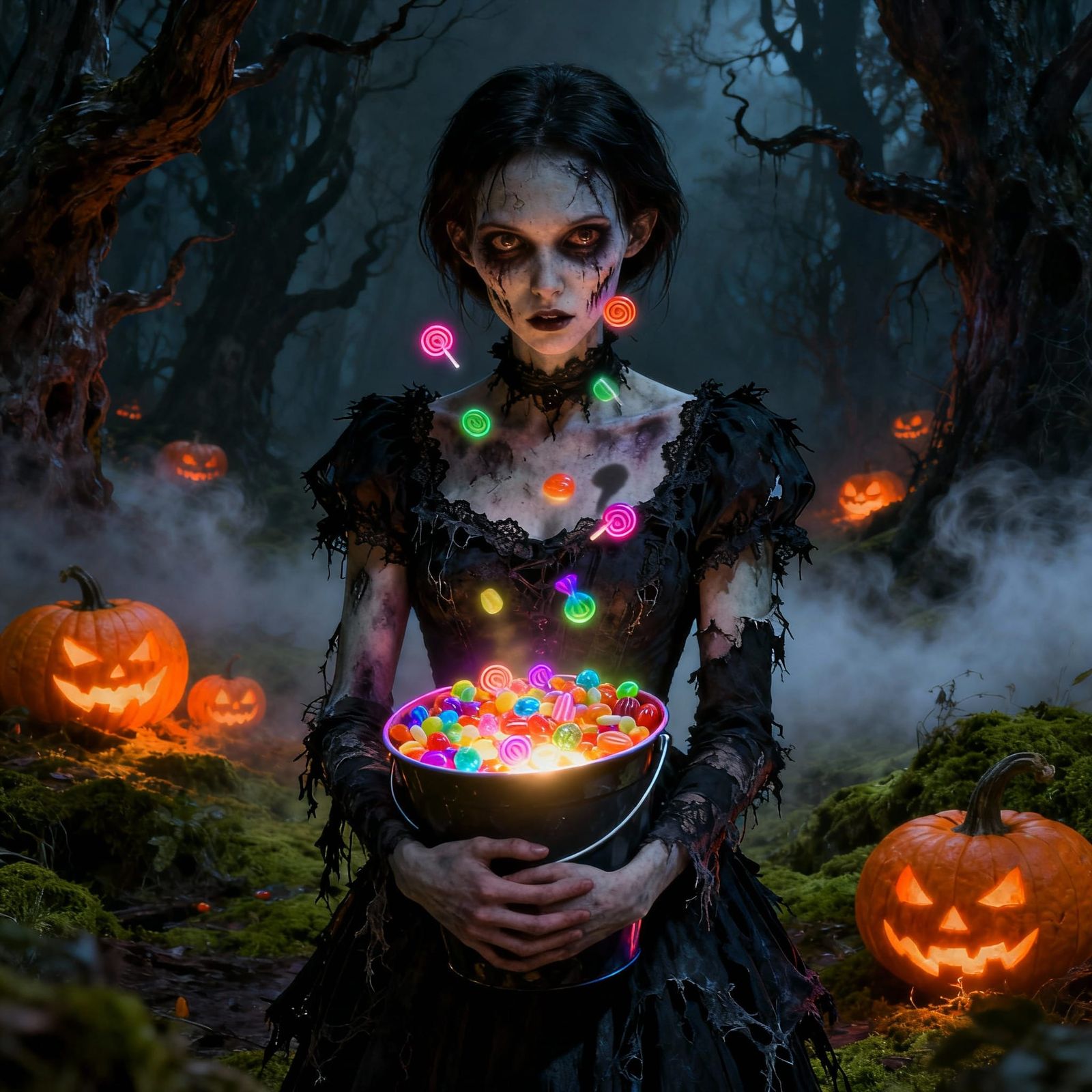 Ethereal Zombie Girl with Candy in Spooky Forest