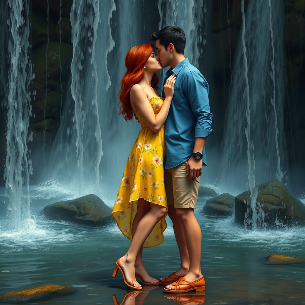 Romantic Waterfall Encounter in Vibrant Colors