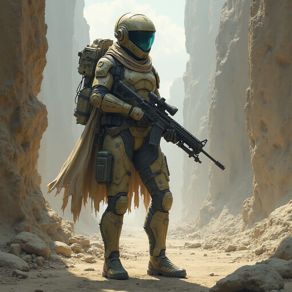 Sci-Fi Soldier in Alien City Ruins