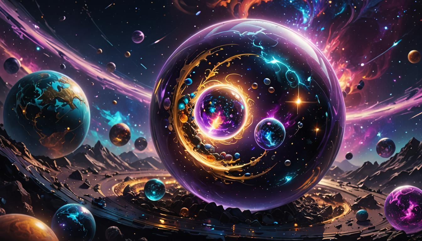 Miniature Universe Inside Glowing Orb, Vivid Digital Art