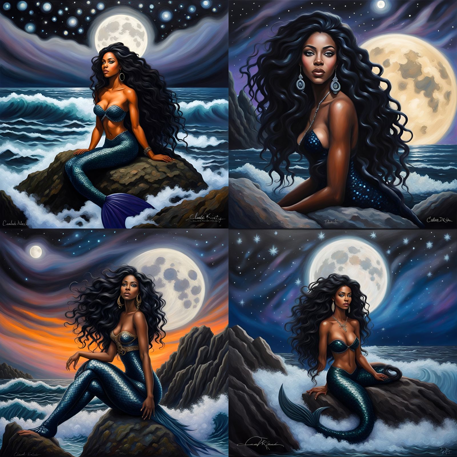 A beautiful black mermaid who resembles the singer perched on a large rock with her beautiful long,  jet black wavy hair...