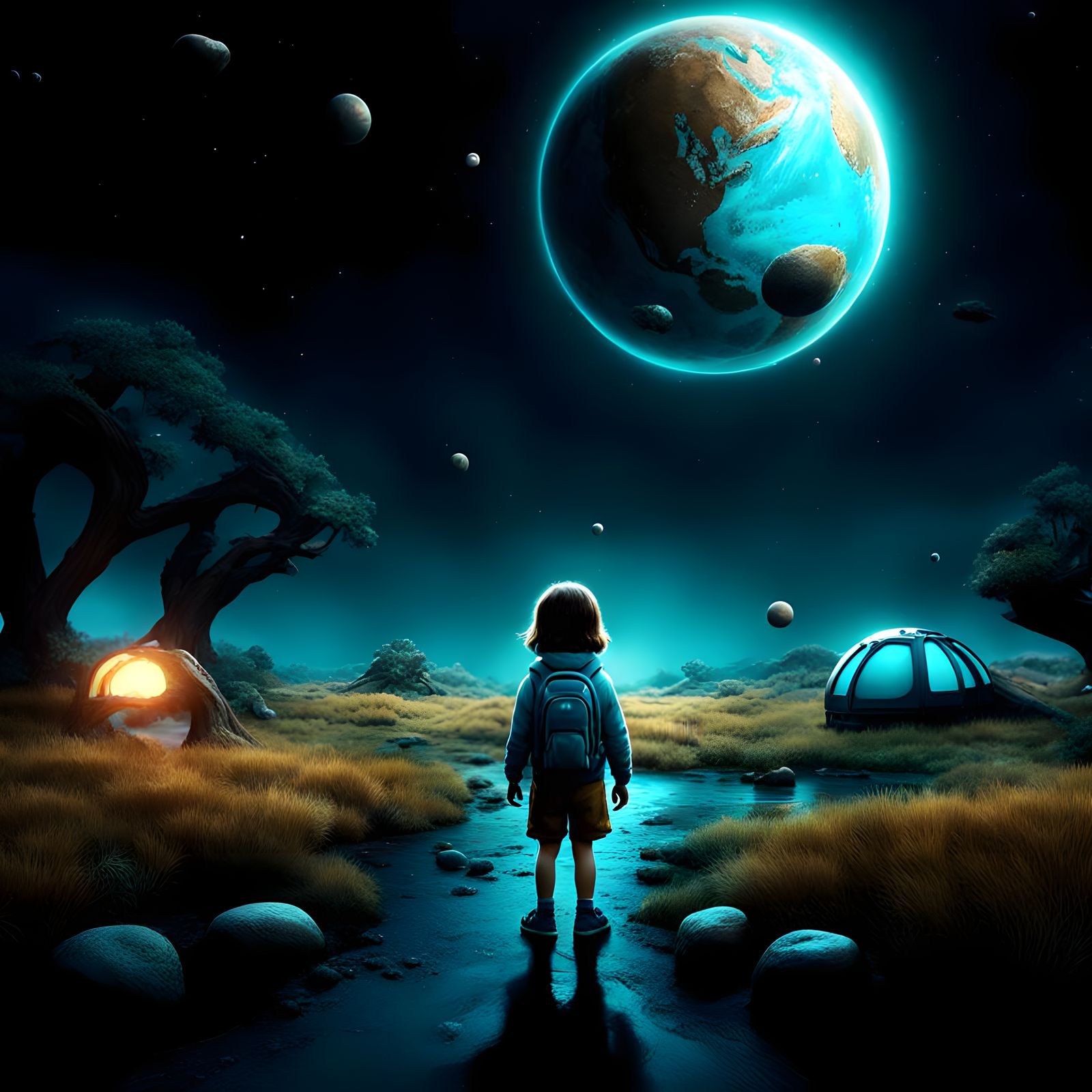 Turquoise Alien Children in a Phosphorescent World