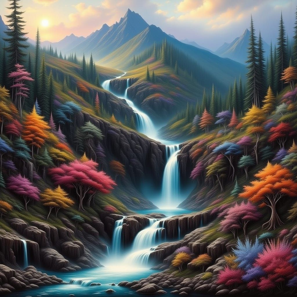 Surreal Mountain Waterfall in Dreamlike Landscape