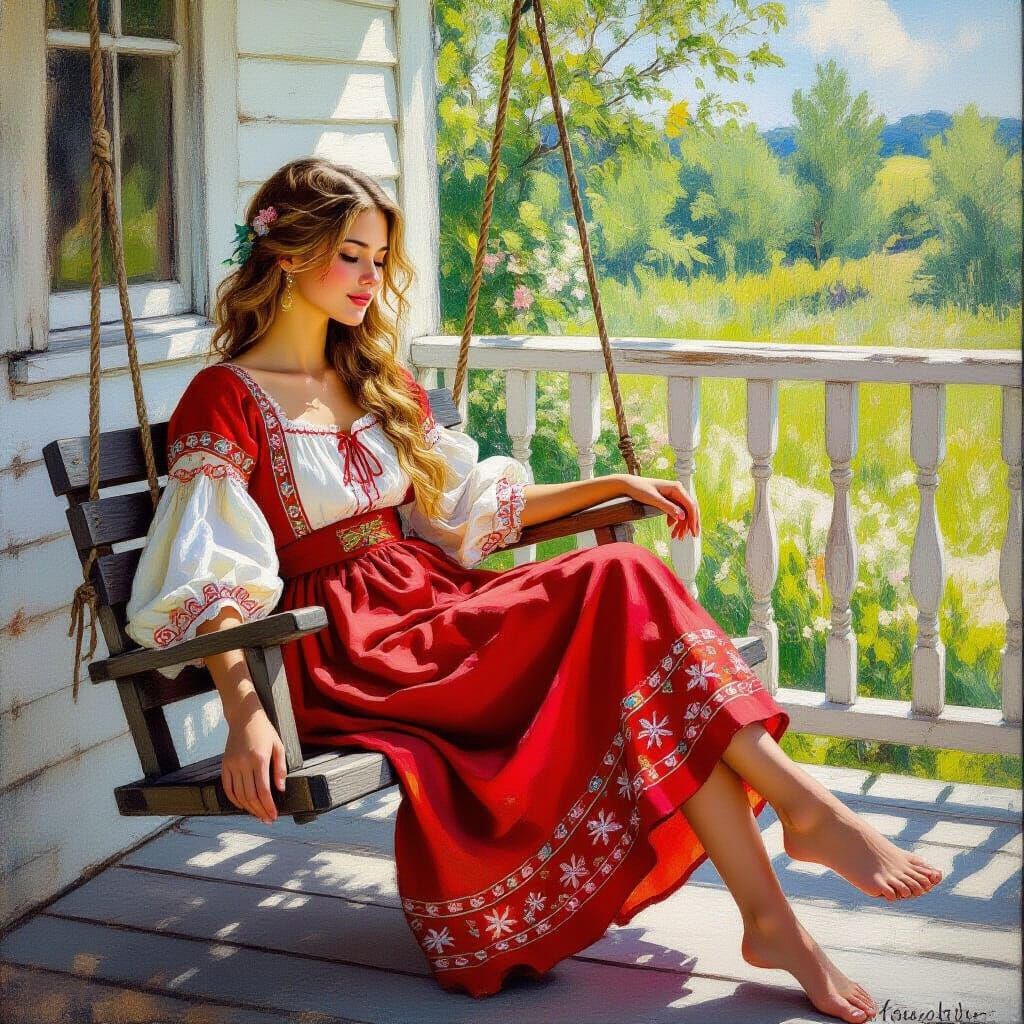 Icelandic Woman Relaxing on Vermont Farmhouse Porch