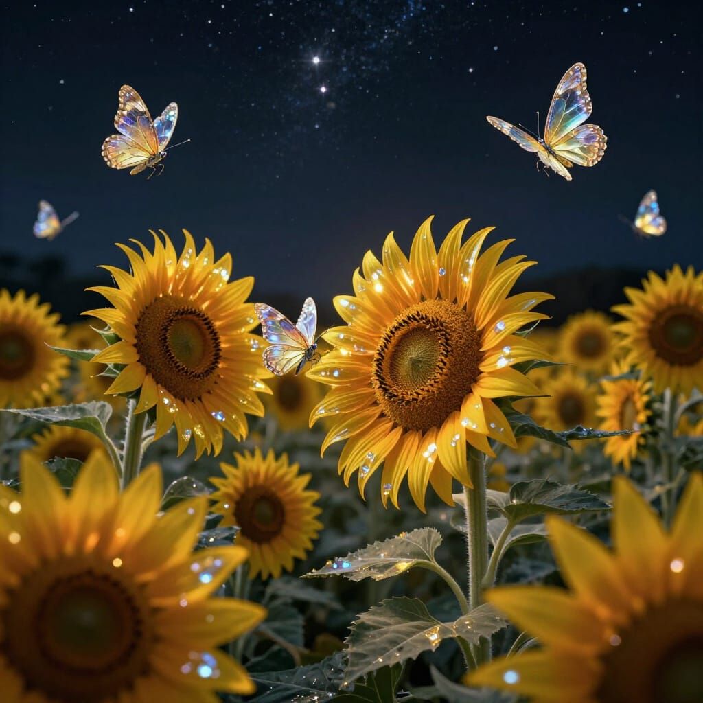 Crystal Sunflowers Under Starry Night Sky