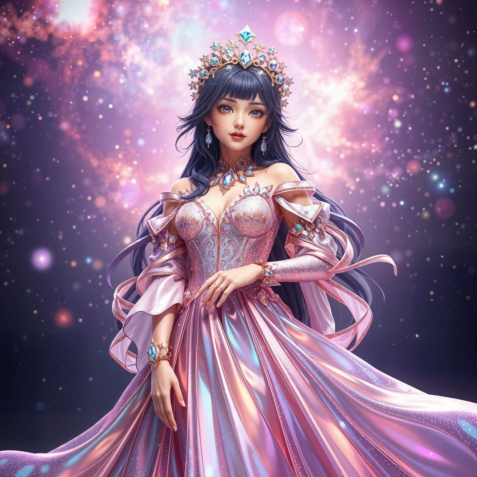 Ethereal Galactic Goddess in Sparkling Cosmic Gown