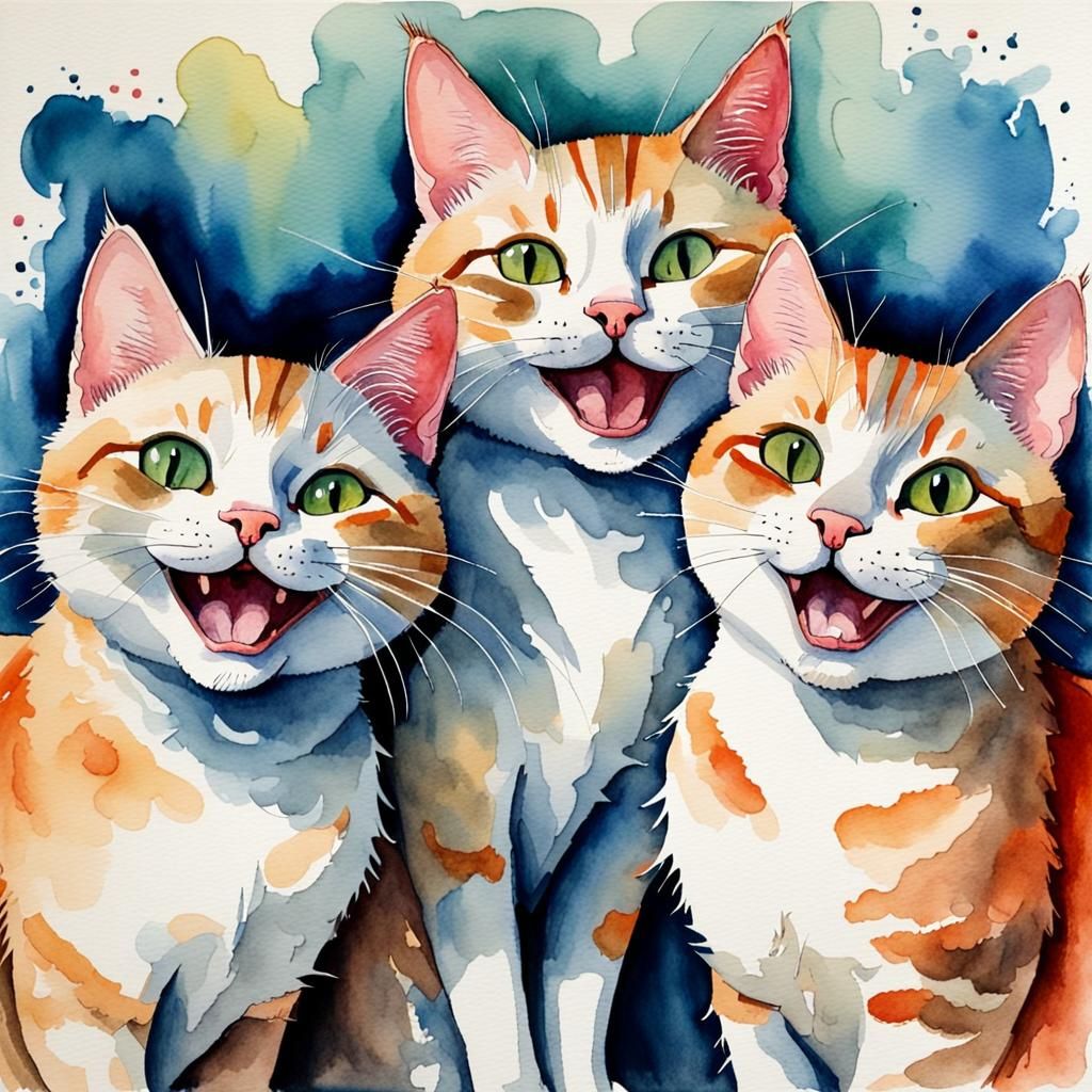 Whimsical Watercolor of Three Laughing Cats