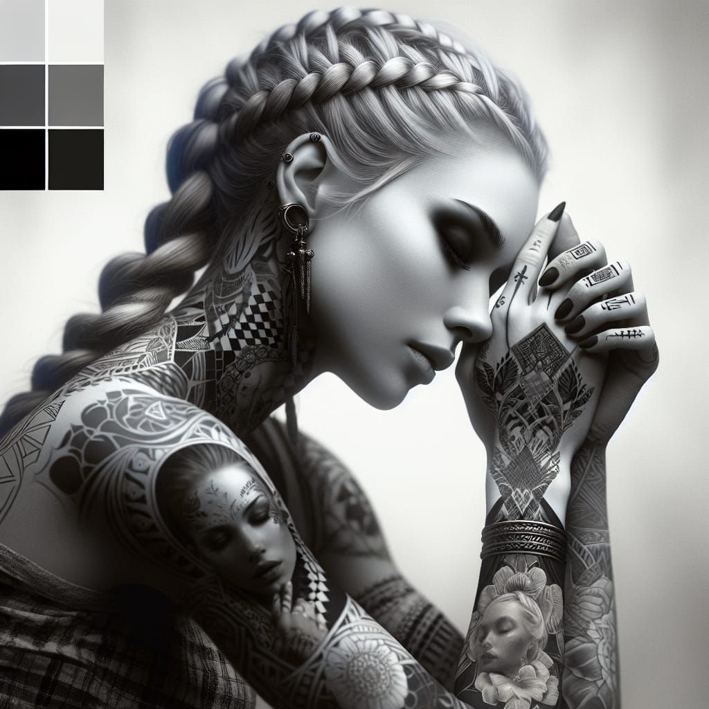 create a square, monochromatic digital illustration of a wom...