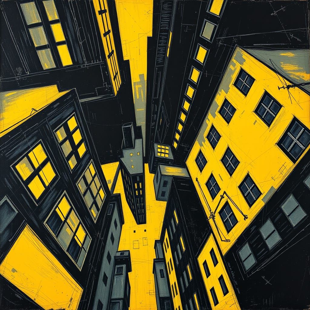 Gravity-Defying Cityscape in Vibrant Black and Yellow Cubist...