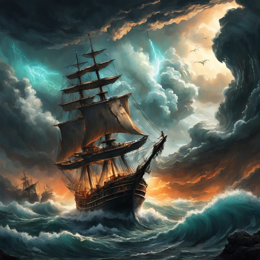 Majestic Ships Ravaged by Turbulent Stormy Seas