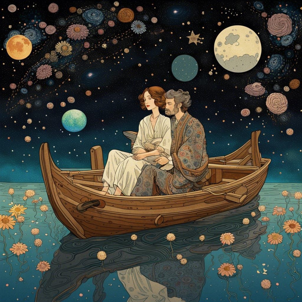 Two People in Boat Floating in Galaxy