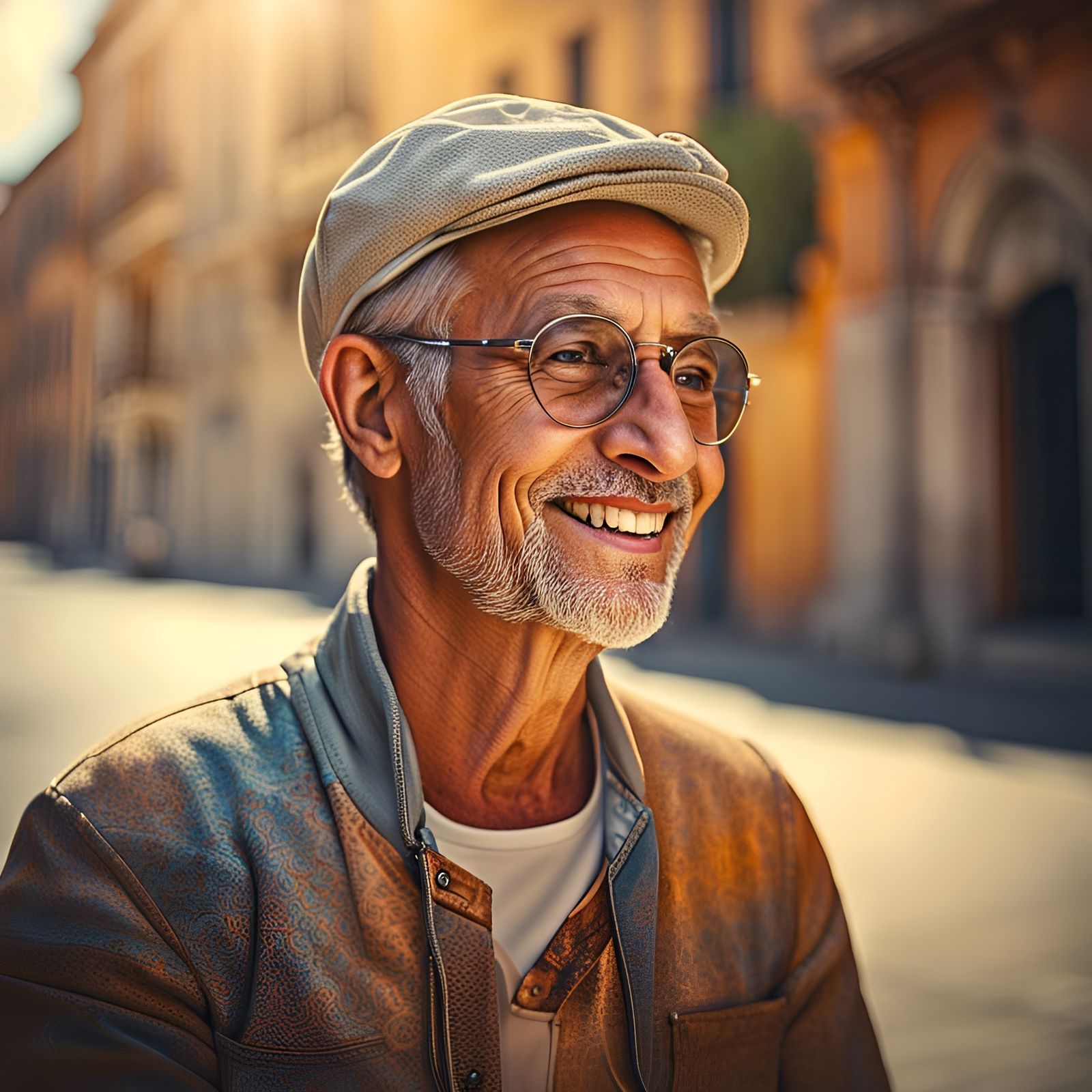 Hyperrealistic Portrait of Kind Man in Italian City
