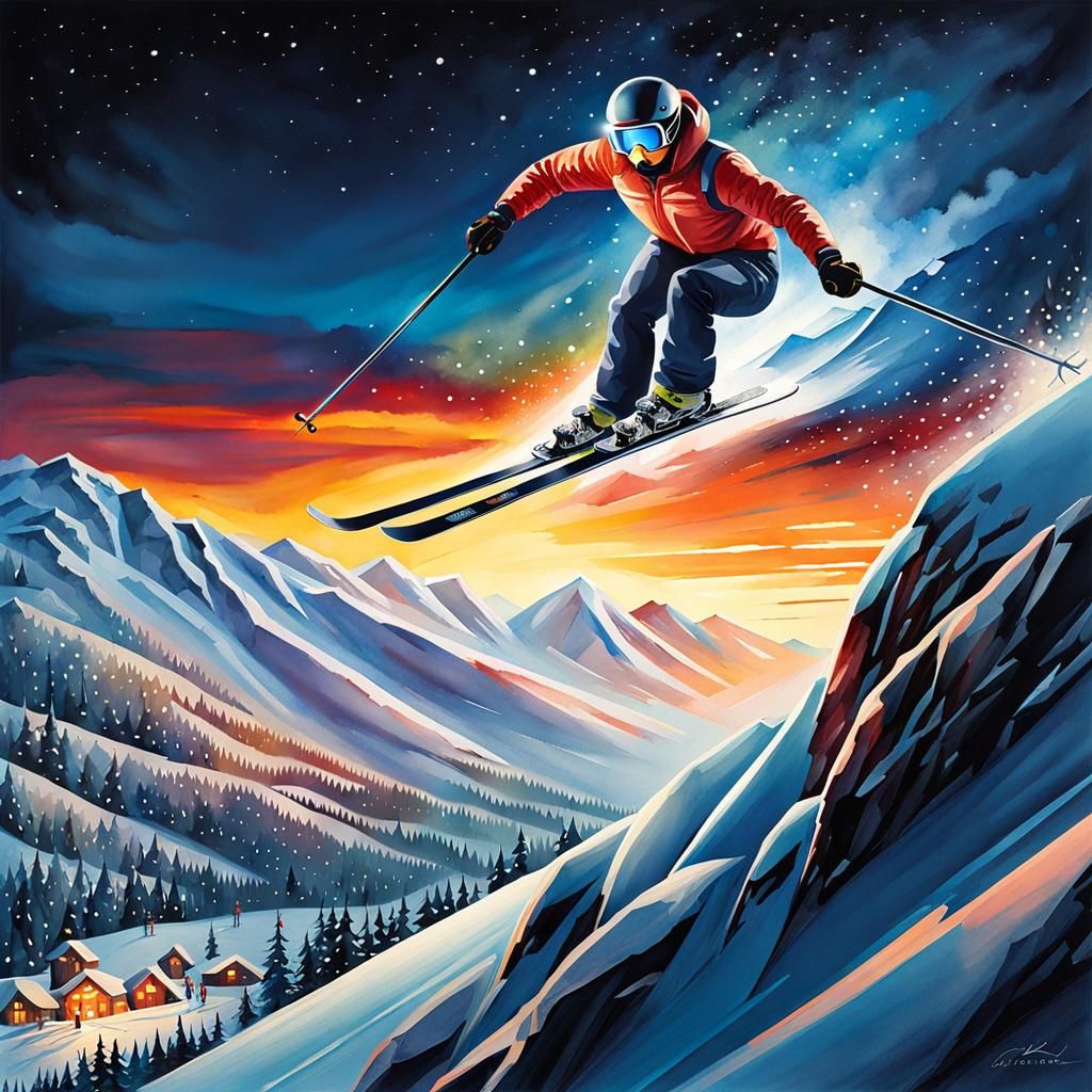 Ski Flying in Dynamic Watercolor Style