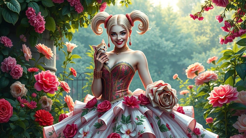 Harley Quinn in Rococo Gown with Cat