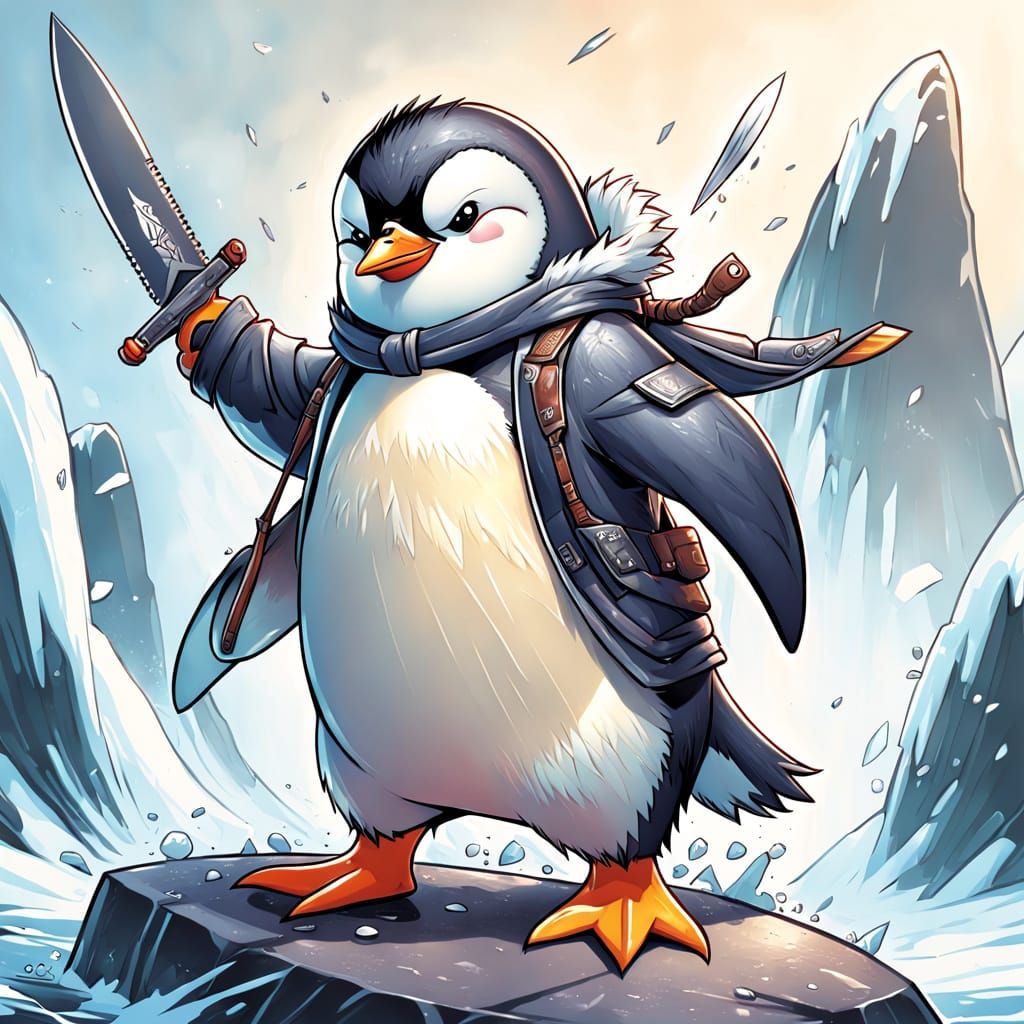 Penguin Wields Machete in Epic Illustration