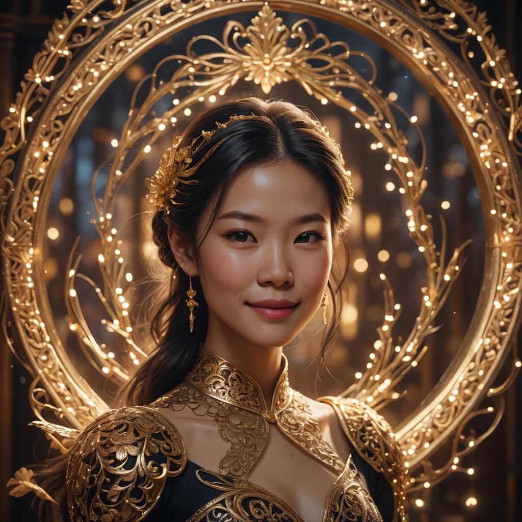 Ornate Portrait with Glowing Lights in Art Nouveau Style