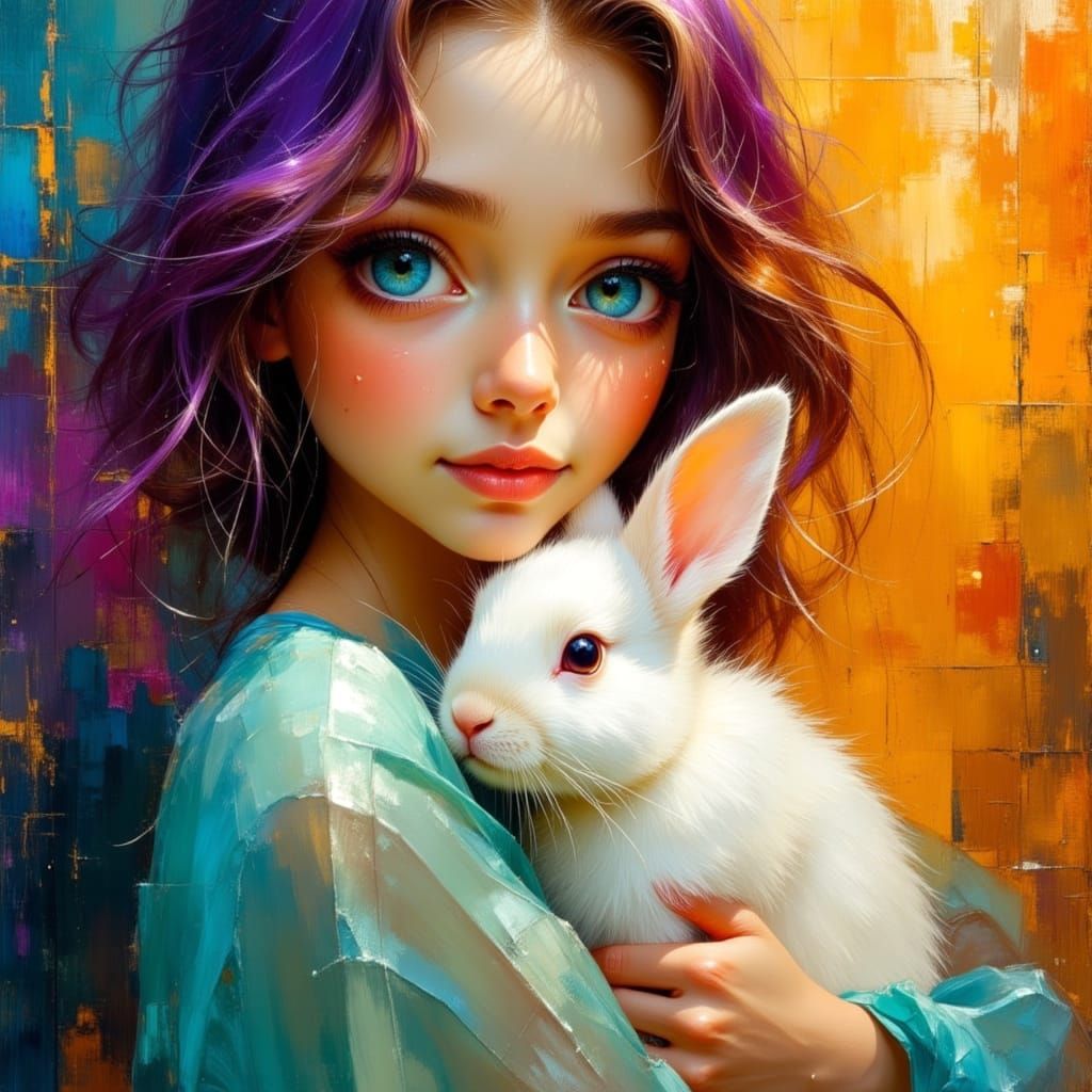 Woman with Rabbit: Colorful Atmospheric Oil Painting