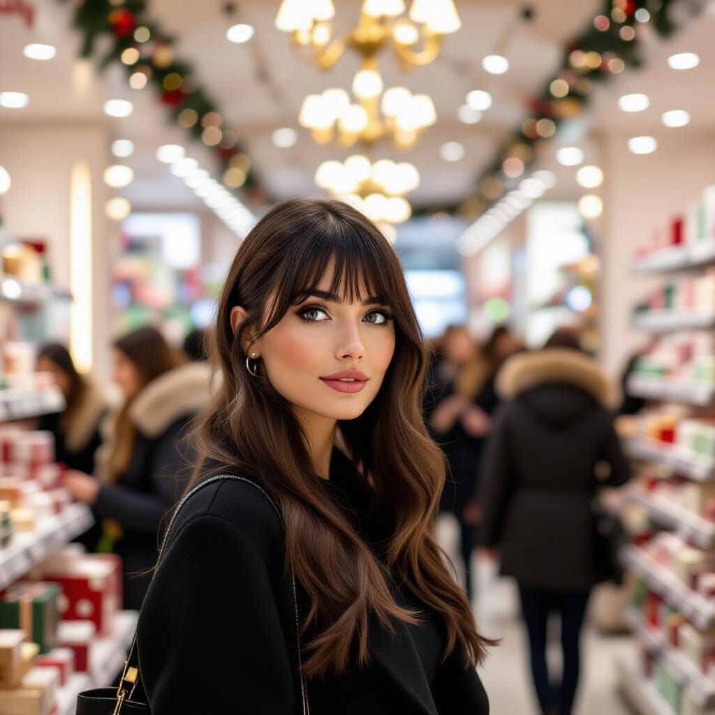Woman Shops for Christmas in Crowded Upscale Store