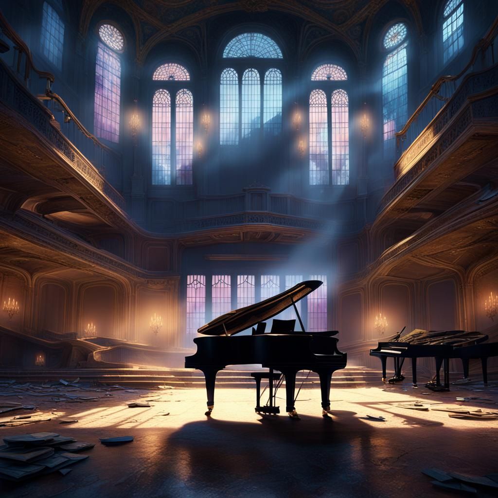 Surreal Moonlit Concert Hall Scene with Grand Piano and Shim...