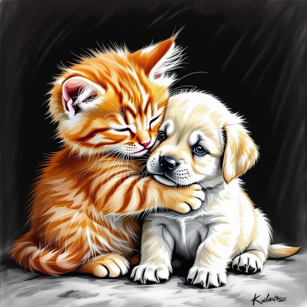 Tender Kitten Comforts Scared Puppy in Charcoal Drawing Styl...