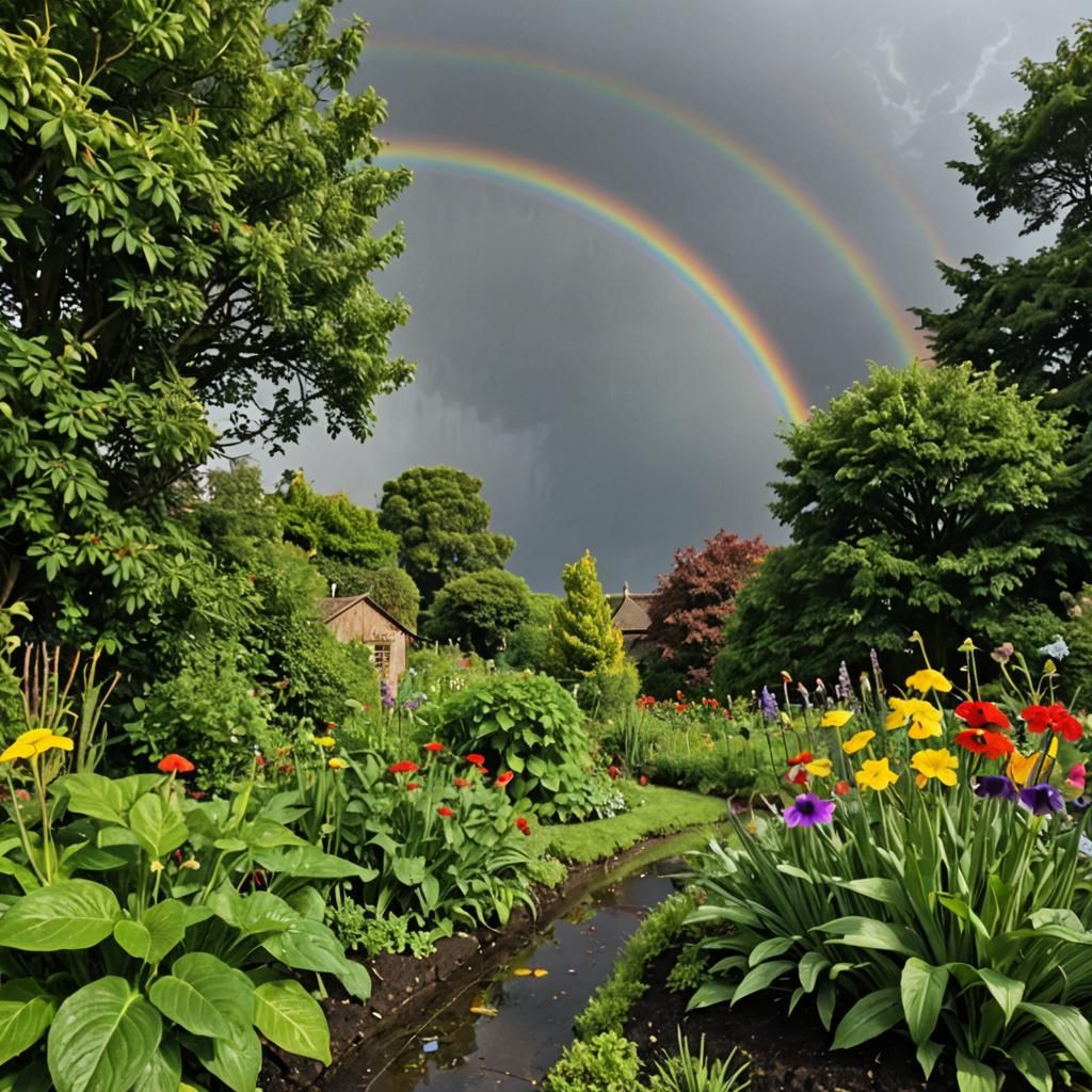 Rainbow and Rain Serenity in a Garden