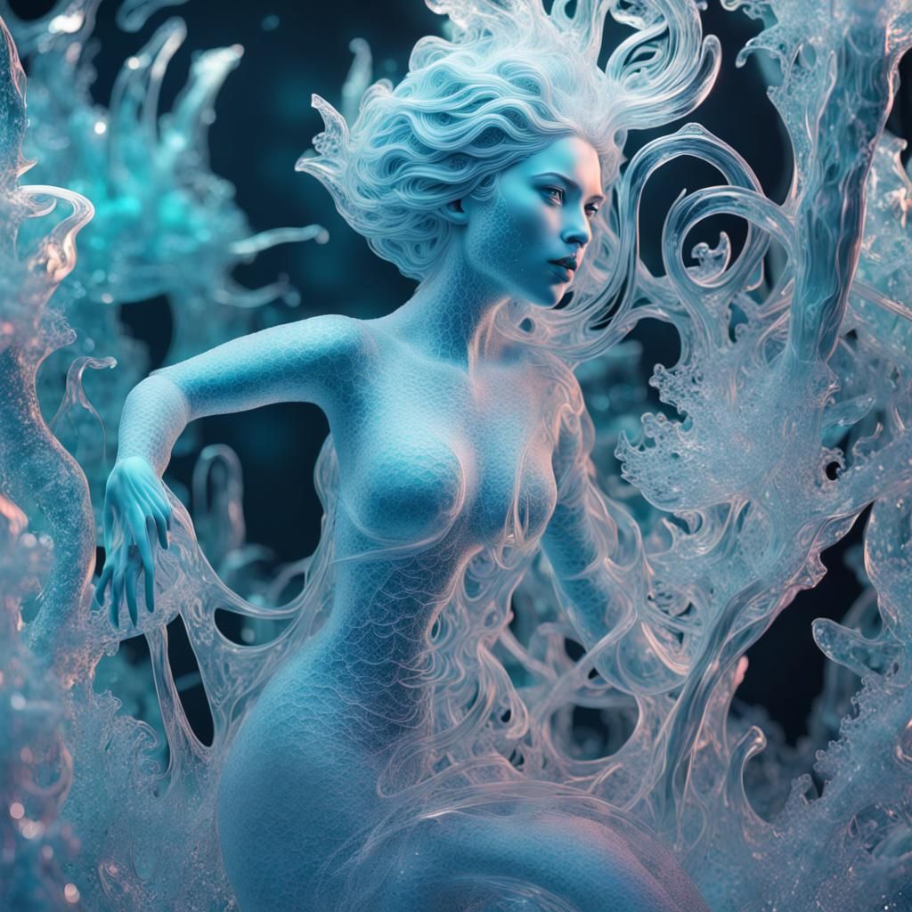 Bioluminescent Mermaid Ice Sculpture Underwater