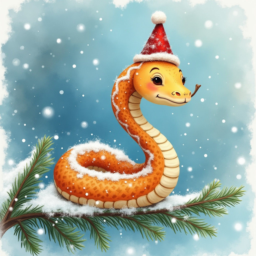Festive Snake in New Year's Hat, Watercolor Style
