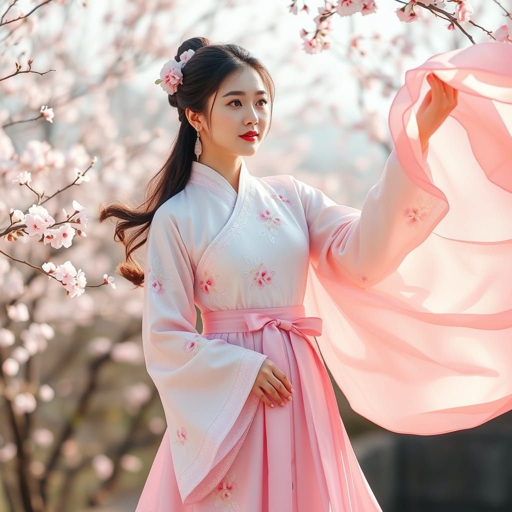 Elegant Korean Woman in Traditional Hanbok, Soft Pastel Colo...