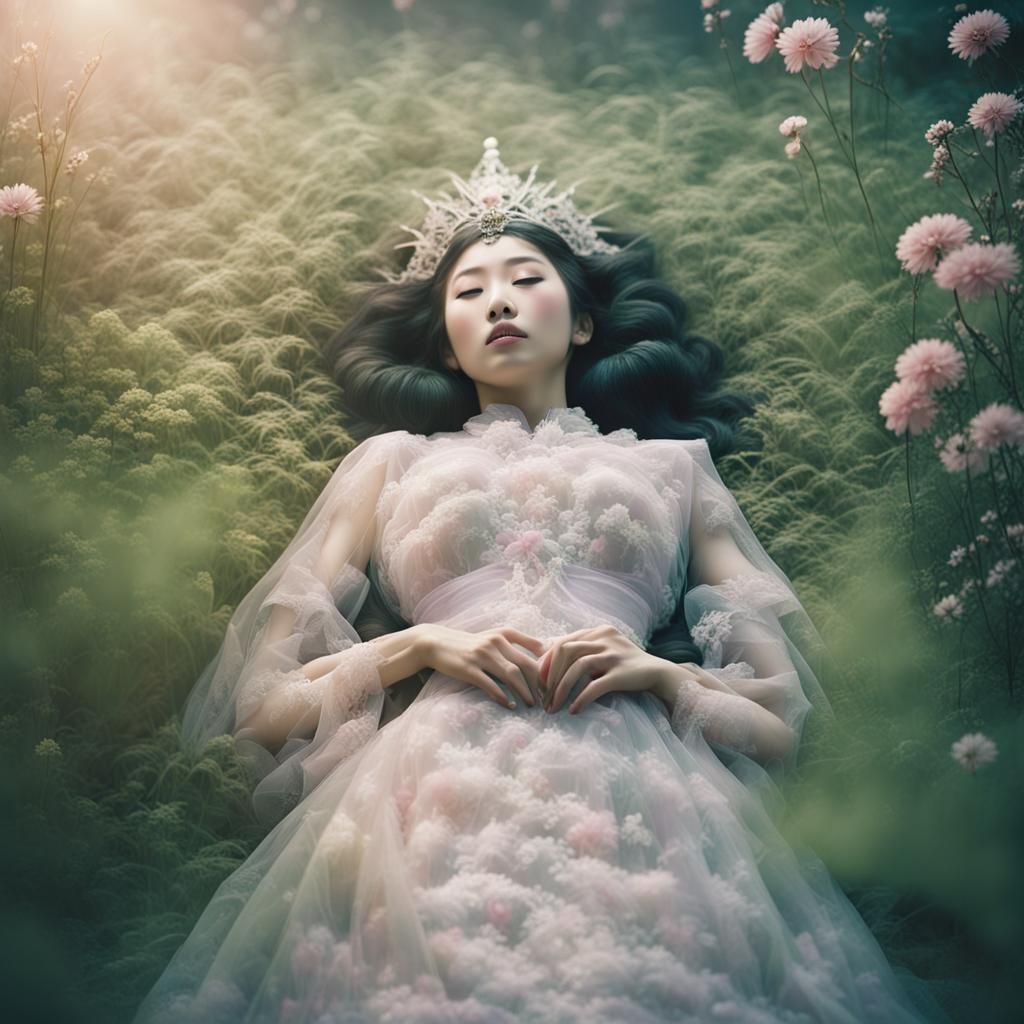 Kawaii Queen Sleeping in Lush Asian Garden