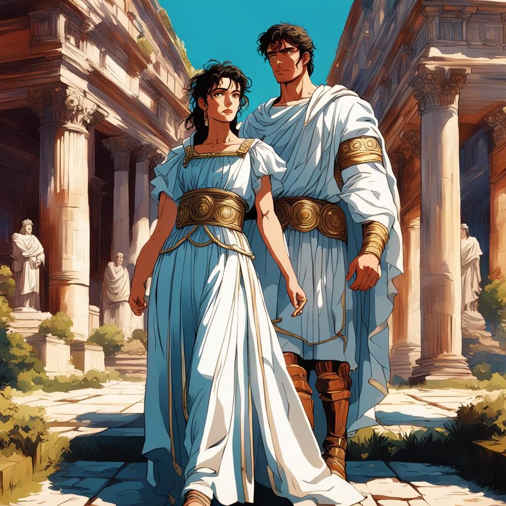 Anime-Style Roman Couple in Lush Gardens