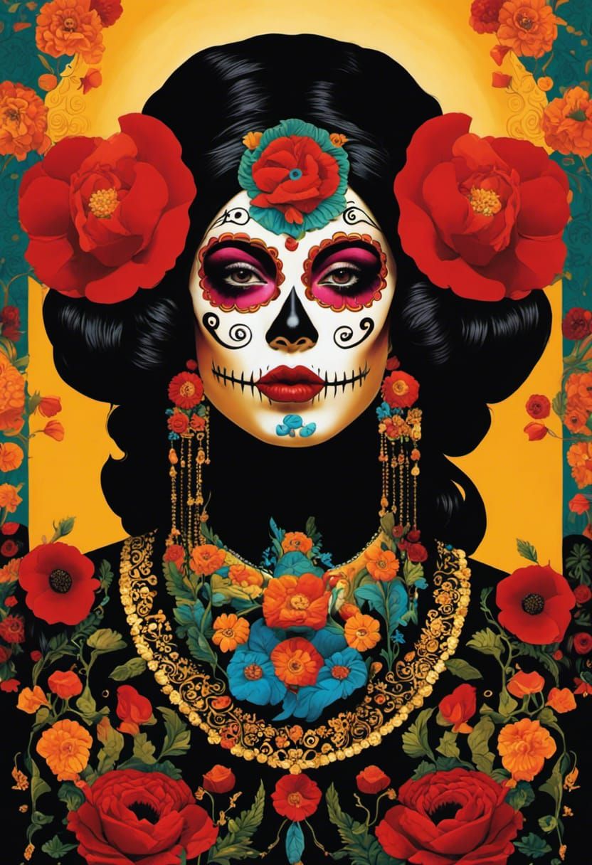 Mexican Woman with Klimt Background in Pop Art Style