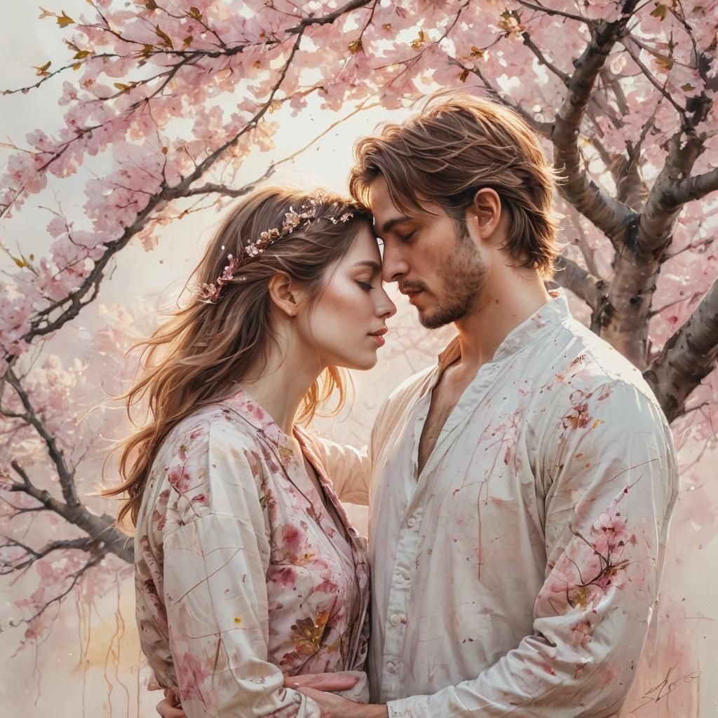 Couple Under Cherry Blossom Tree as Watercolour Art