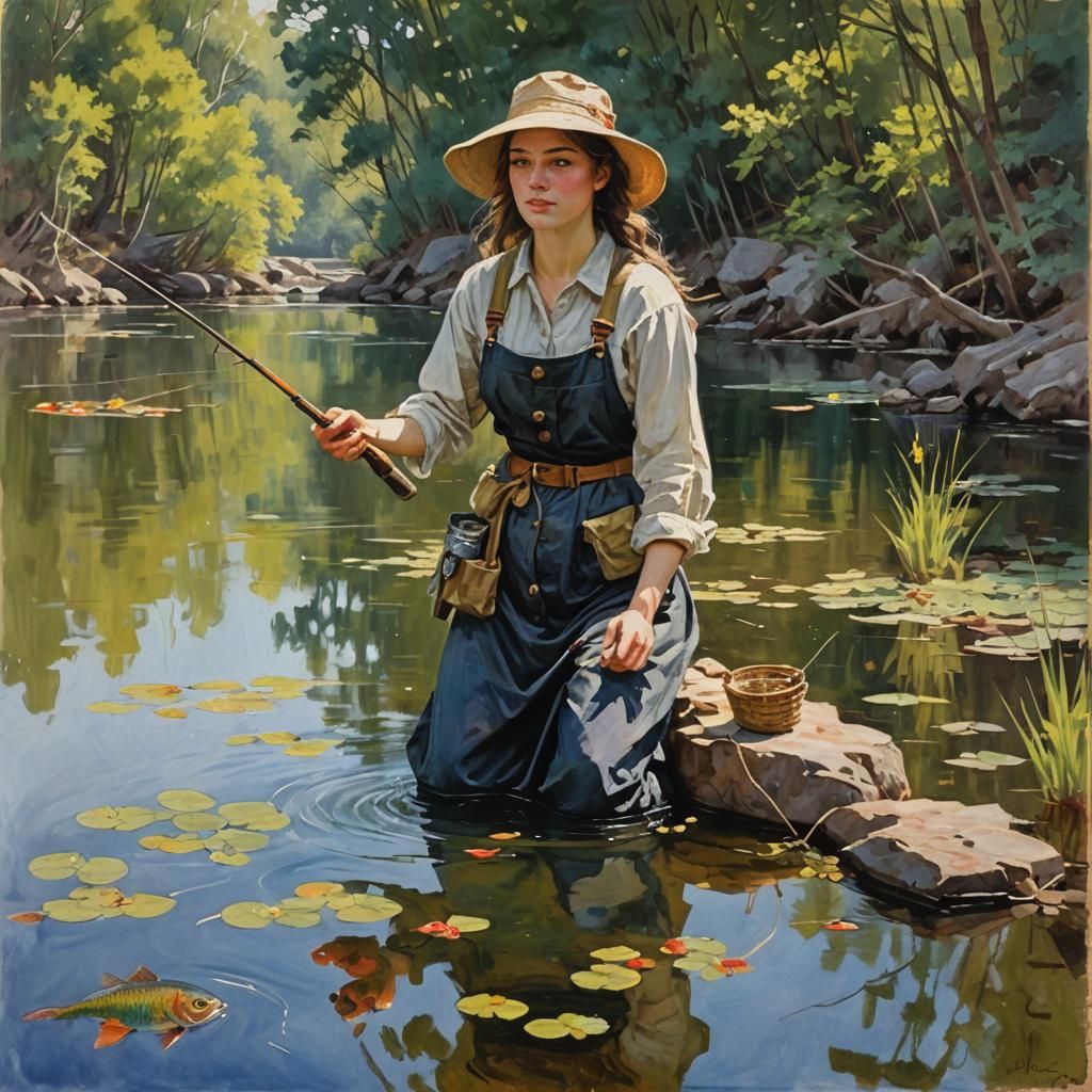 young woman fishing,