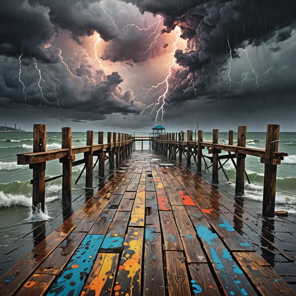 Graffiti Art of Old Pier in Thunderstorm