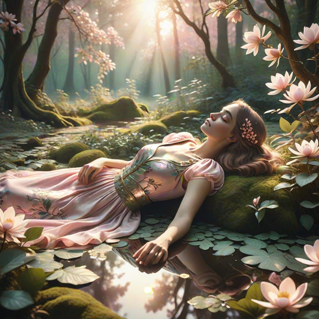 Dreamlike Forest Scene with Art Nouveau-Inspired Details