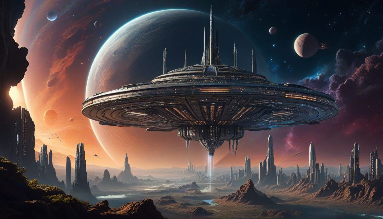 Generational Starship with Domes and Rings in Deep Space