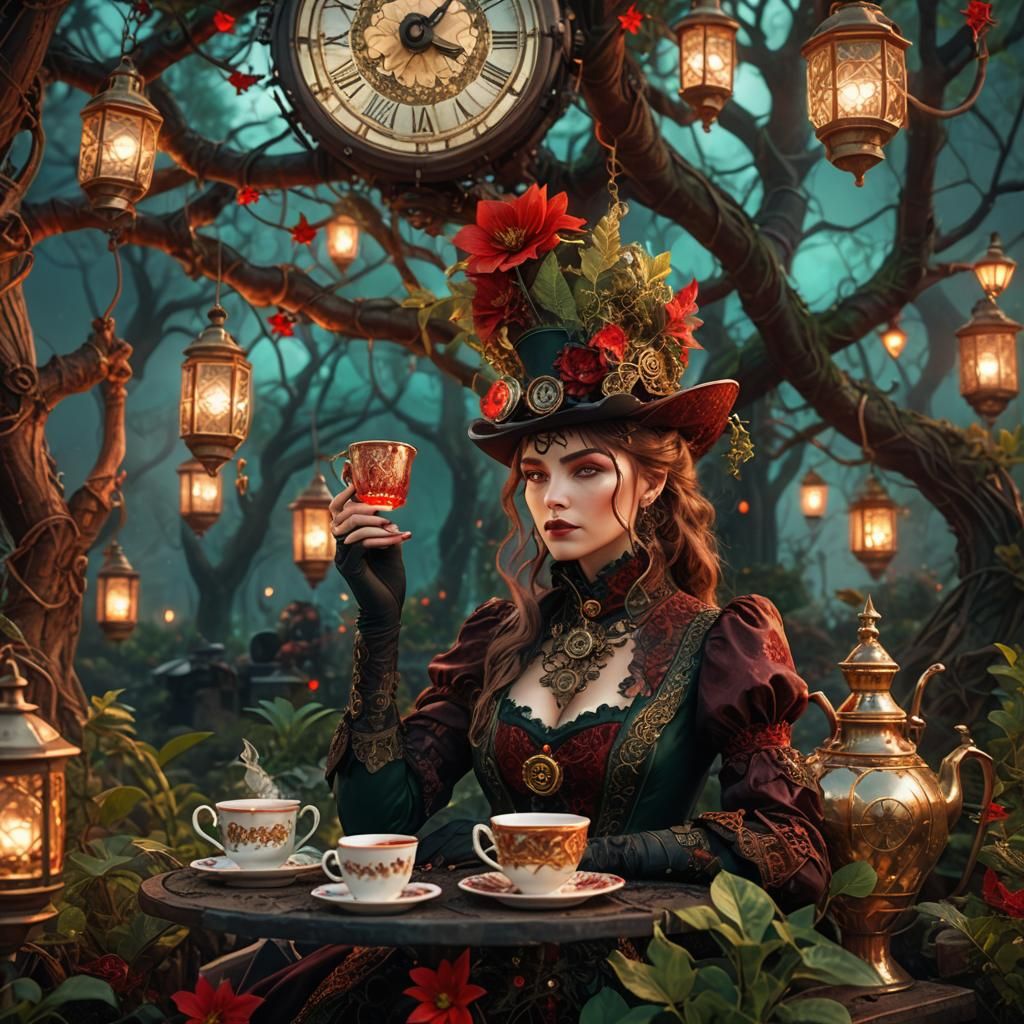 Steampunk Woman's Tea Party by a Glowing Star