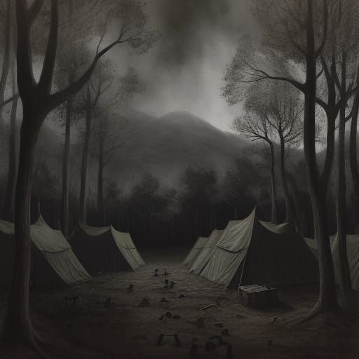 Medieval Army Camp in Dark Forest, Charcoal Drawing