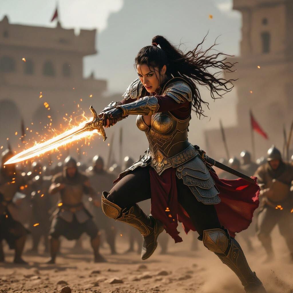 Warrior Woman Slashes Foes on Chaotic Battlefield