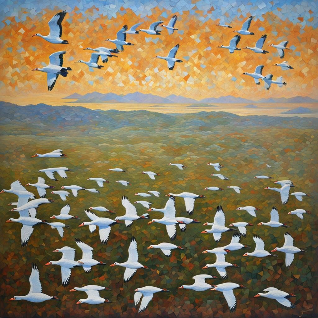 Geese in Flight: A Mosaic Oil Painting