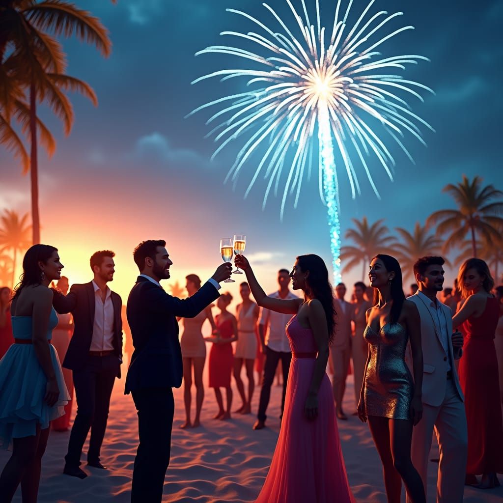 Elegant Beach Party Celebration at Dusk with Fireworks
