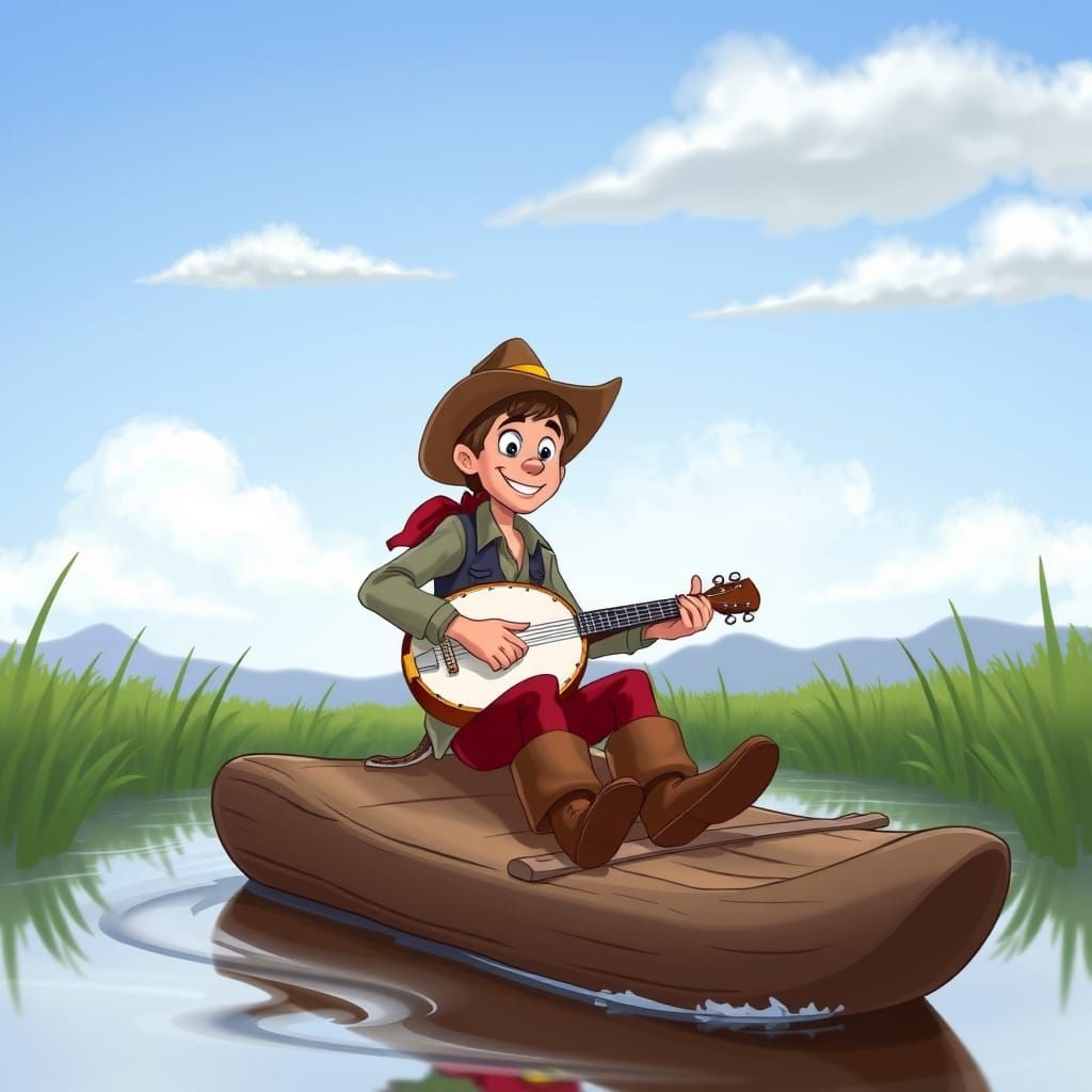 Tom Sawyer in Whimsical Cartoon Style on a Wooden Raft with ...