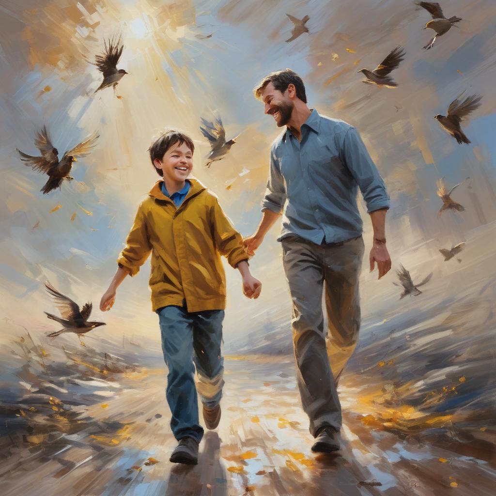 Joyful Father and Child: Impressionist Oil Painting