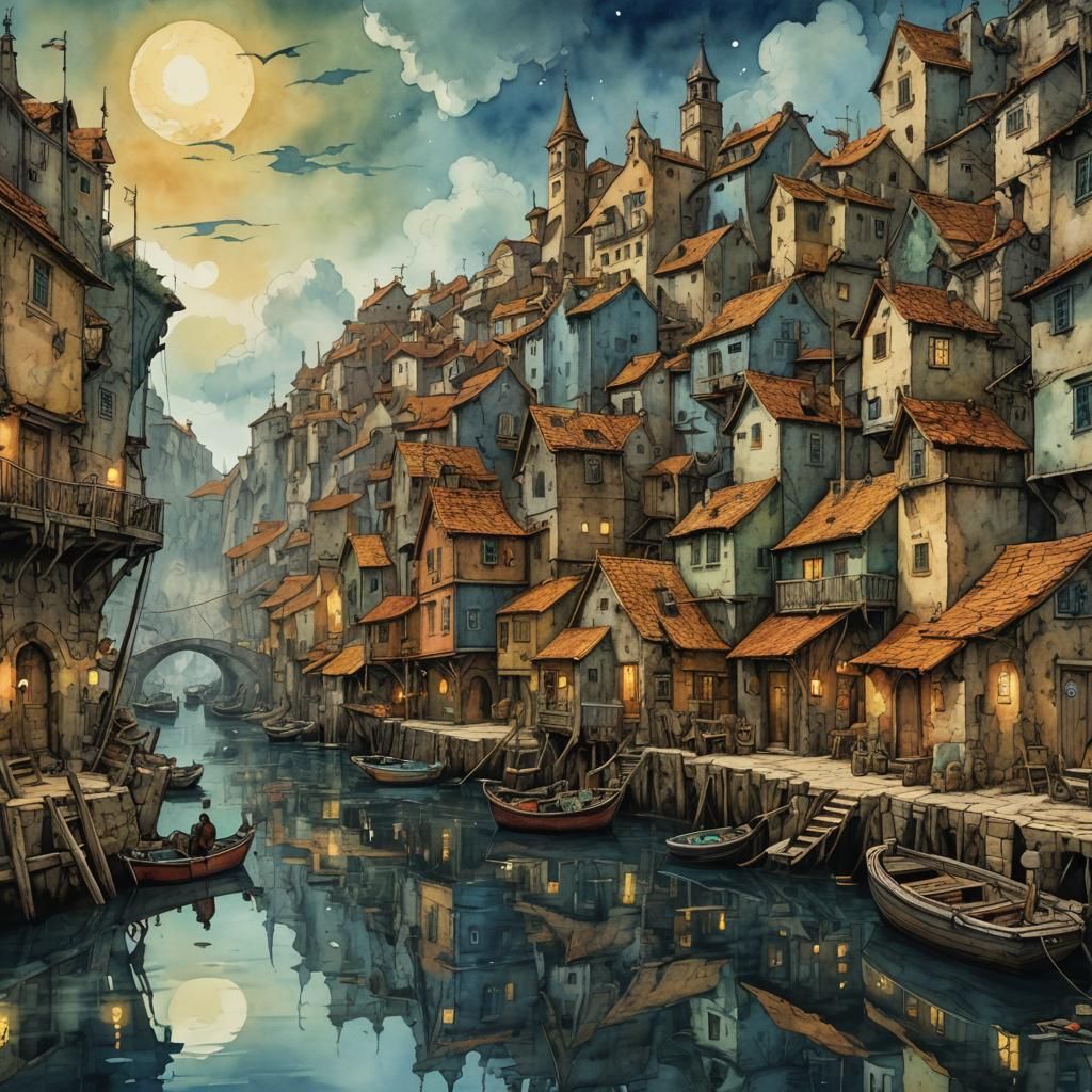 Psychedelic Adriatic Fishing Village in Watercolor and Ink