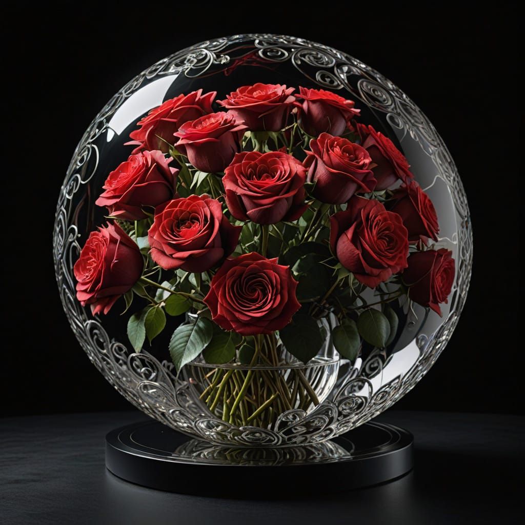 Romantic Glass Sphere with Intricate Red Roses