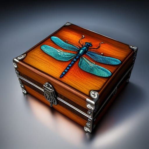 Embossed Dragonfly Wooden Box in Hyperrealistic Style