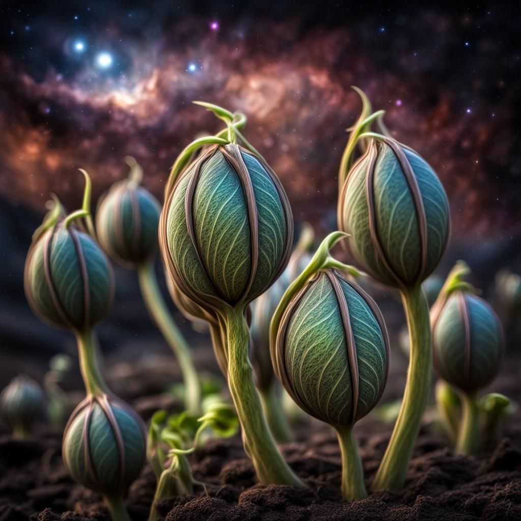 Cosmic Seedlings Pods in a Moody Space Scene