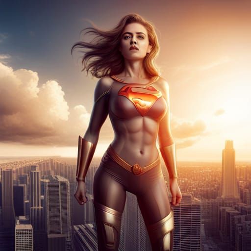 Giant Superwoman Destroys City in Wide Angle View