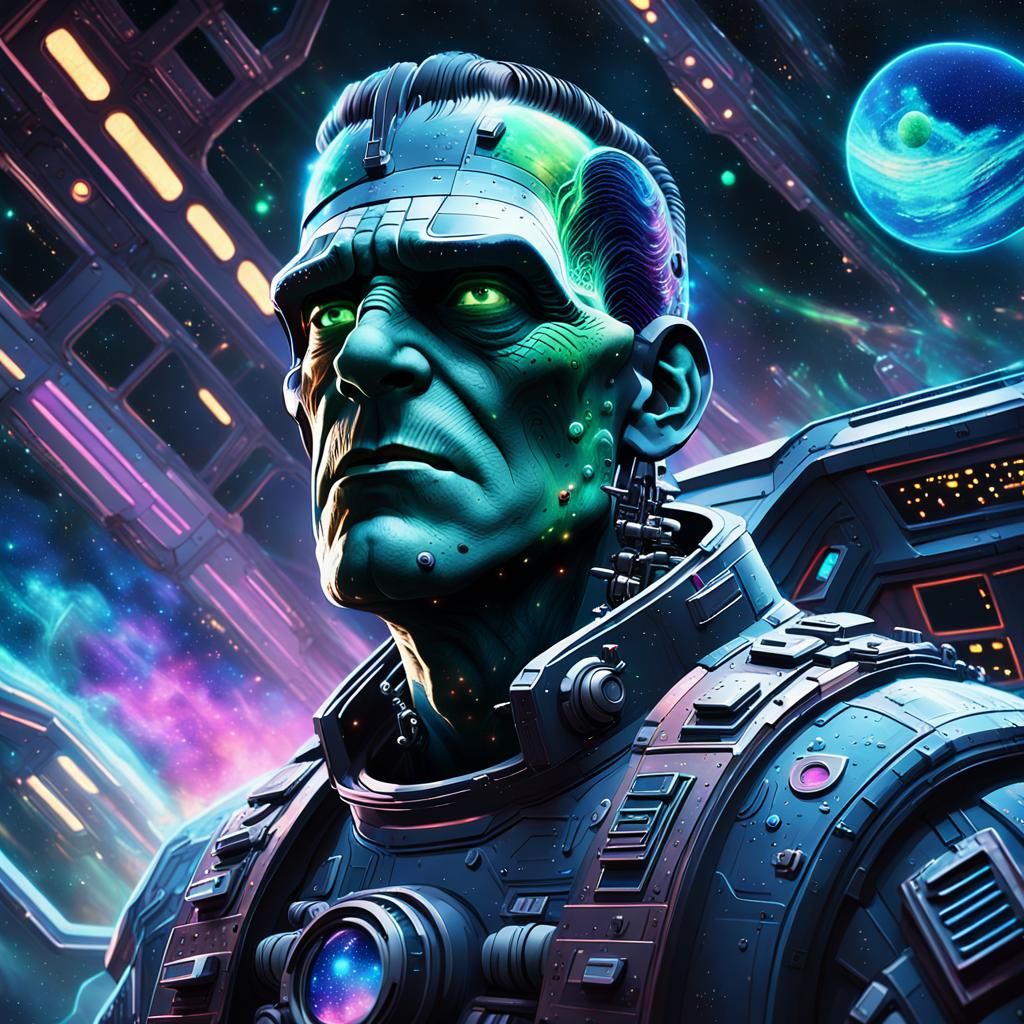 Frankenstein Pilots Spaceship Through Nebula in Neon Digital...