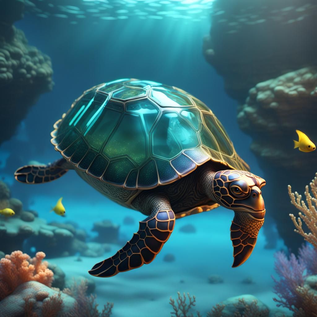 Glass Turtle Under the Sea: Detailed Digital Art